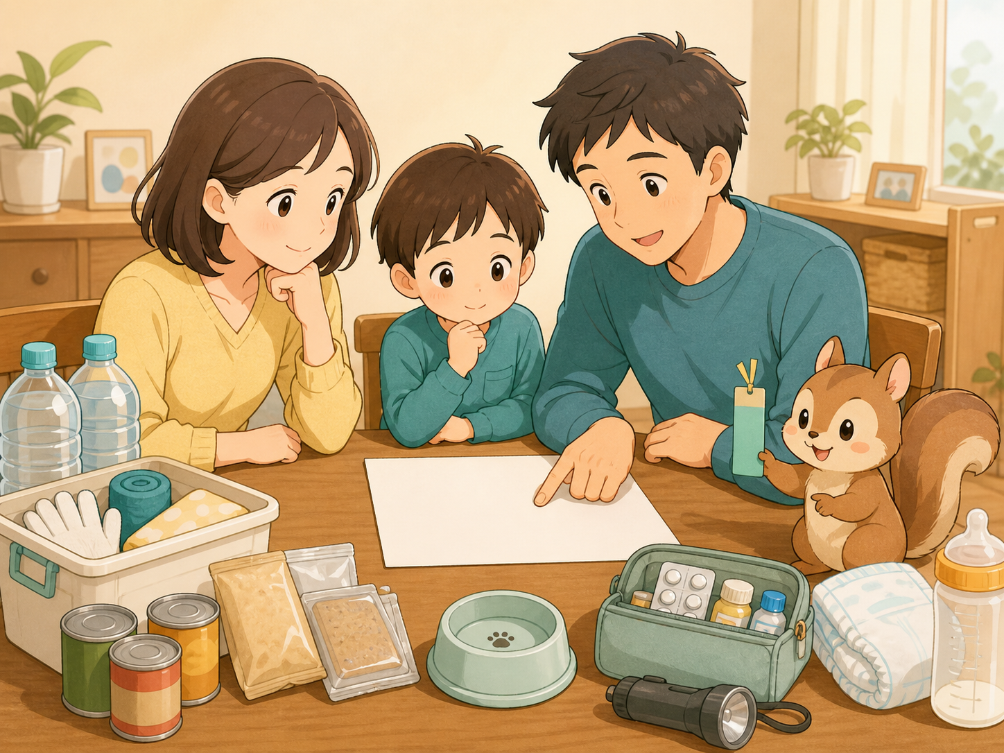 水や食料、乳幼児用品、薬、ペット用品を家族で見直す場面