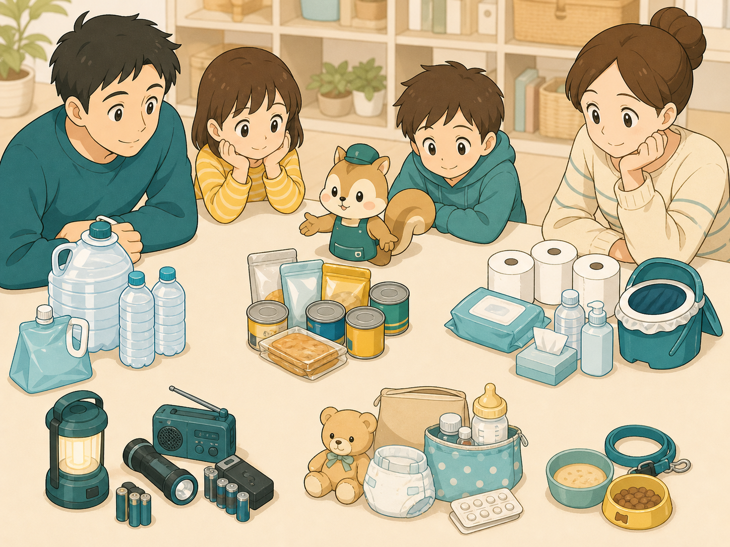 水、食料、衛生用品、照明と情報用品、家族ごとの必需品を分けて整理する家族