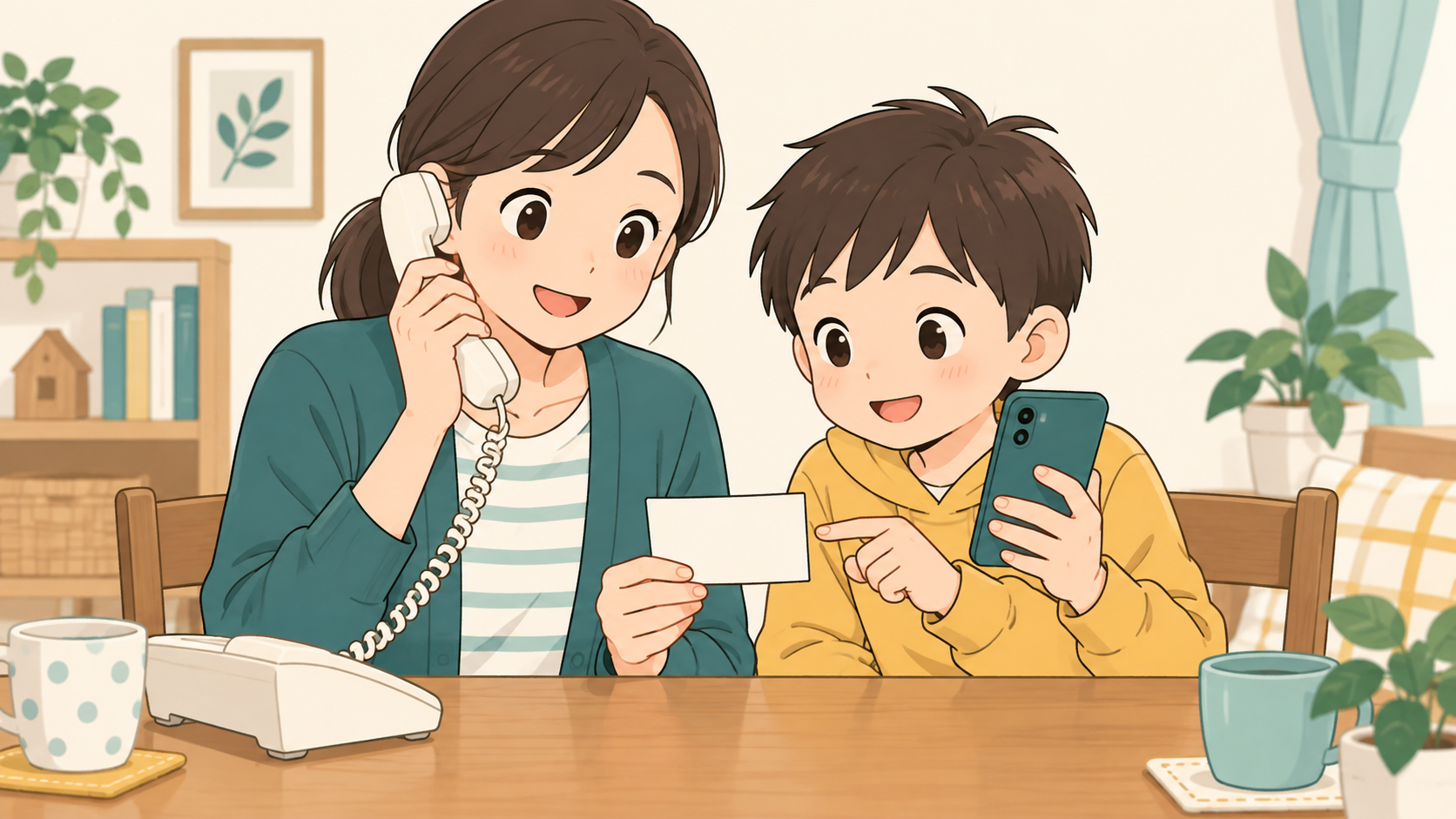 電話とスマートフォンを使い、家族で災害用伝言サービスを練習する様子