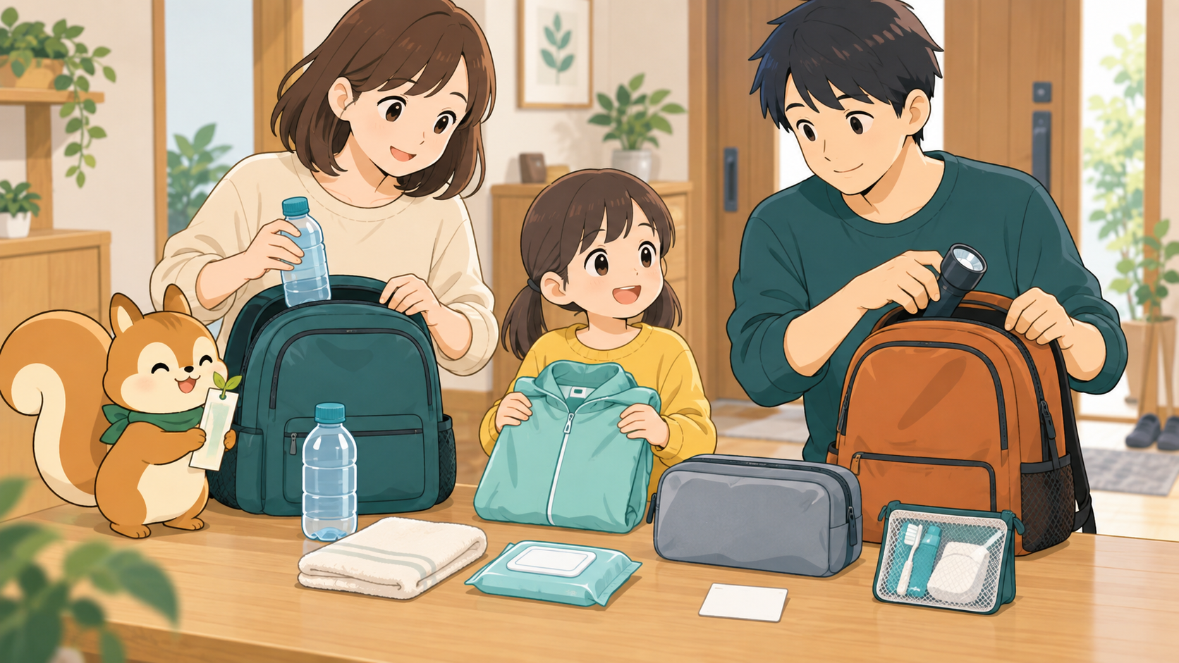 水やライト、衣類などを家族で非常持ち出し袋へ入れる様子