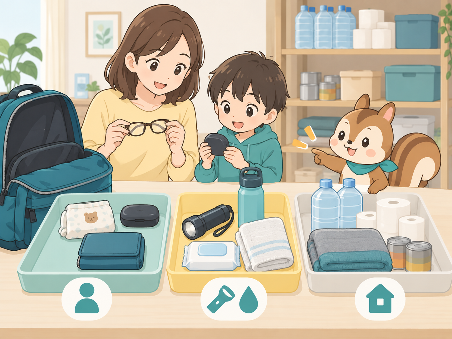 本人の必需品、基本品、自宅備蓄に分けて持ち出し品を整理する家族