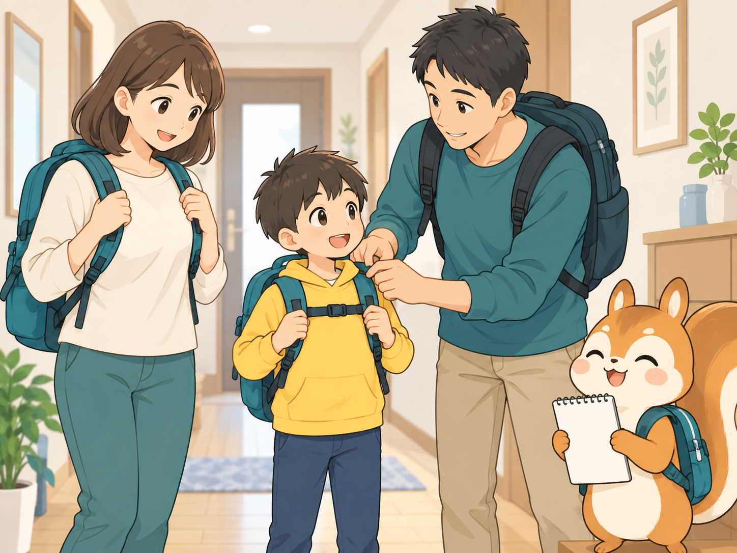 家族それぞれが非常持ち出し袋を背負い、無理なく動けるか確認する様子
