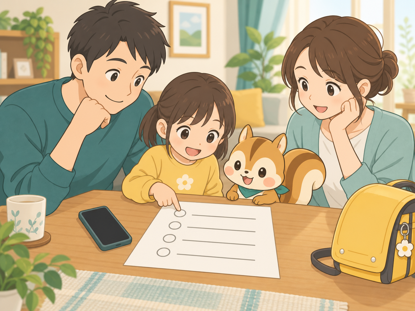 連絡方法や学校の引き渡しルールを、家族で一枚の計画にまとめて確認する様子