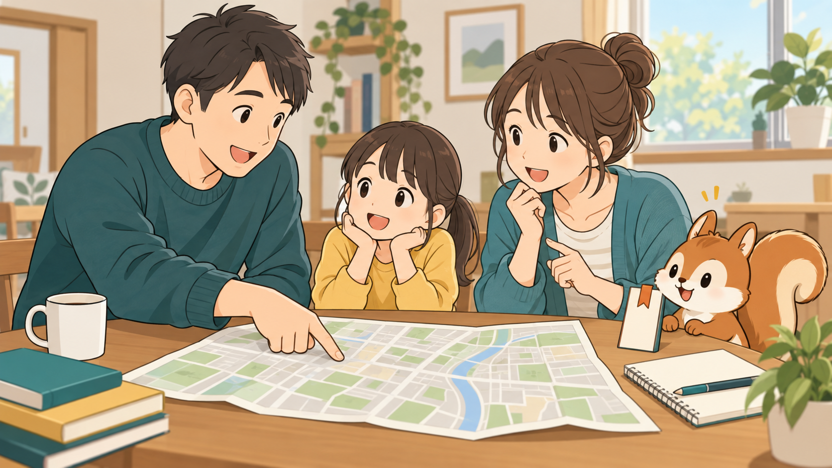 ハザードマップを囲み、家族で避難計画を話し合う様子