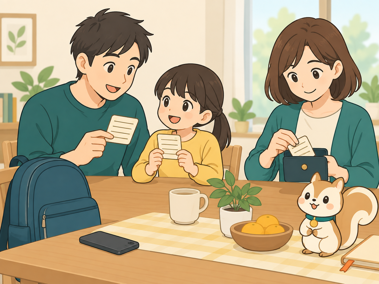 家族で同じ連絡メモを確認し、持ち歩くカードを用意する様子