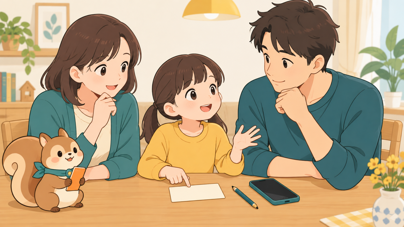 電話がつながらない場合の連絡方法を、家族で話し合う様子
