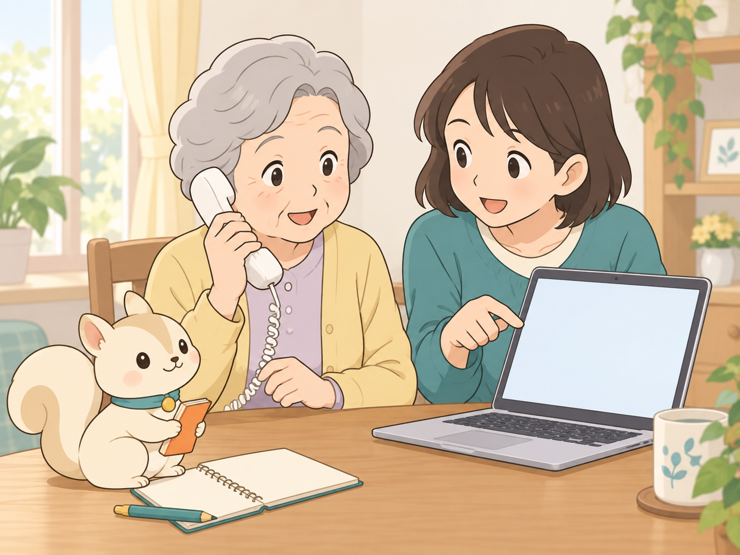 電話とパソコンを使った伝言の確認方法を、家族で練習する様子
