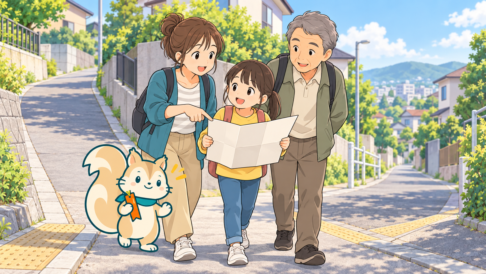 子どもと高齢者を含む家族が、地図を見ながら避難経路を歩いて確認する様子