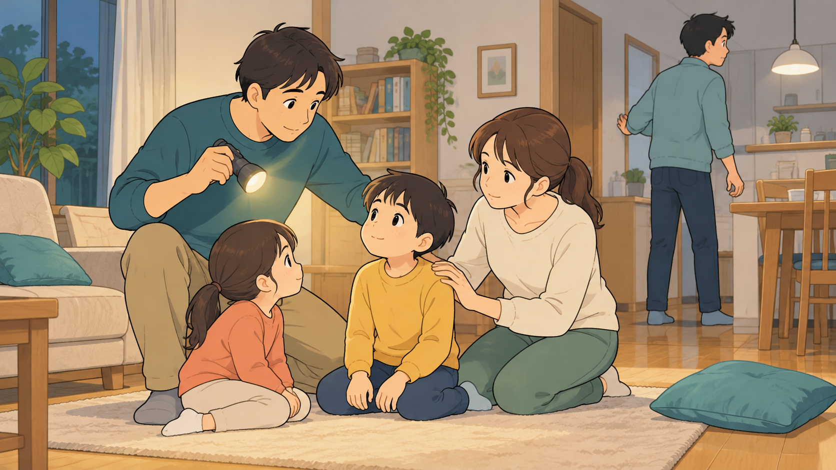 揺れが収まった後、家族が安全な場所で互いの状態を確認する様子