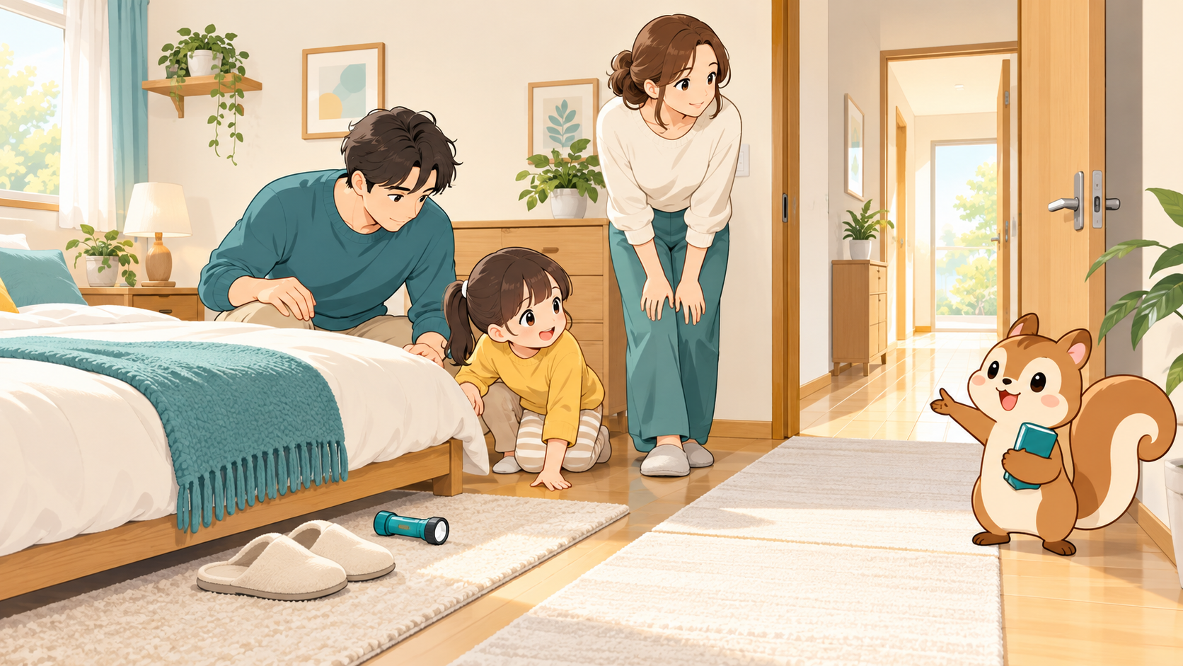 家族が寝室でベッドの周囲と出入口までの動線を点検している様子