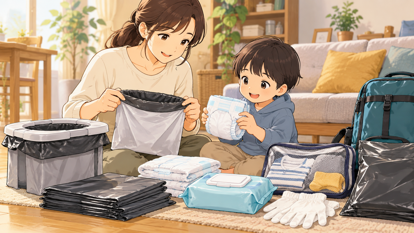 親子が携帯トイレとおむつ、衛生用品を一緒に点検する様子