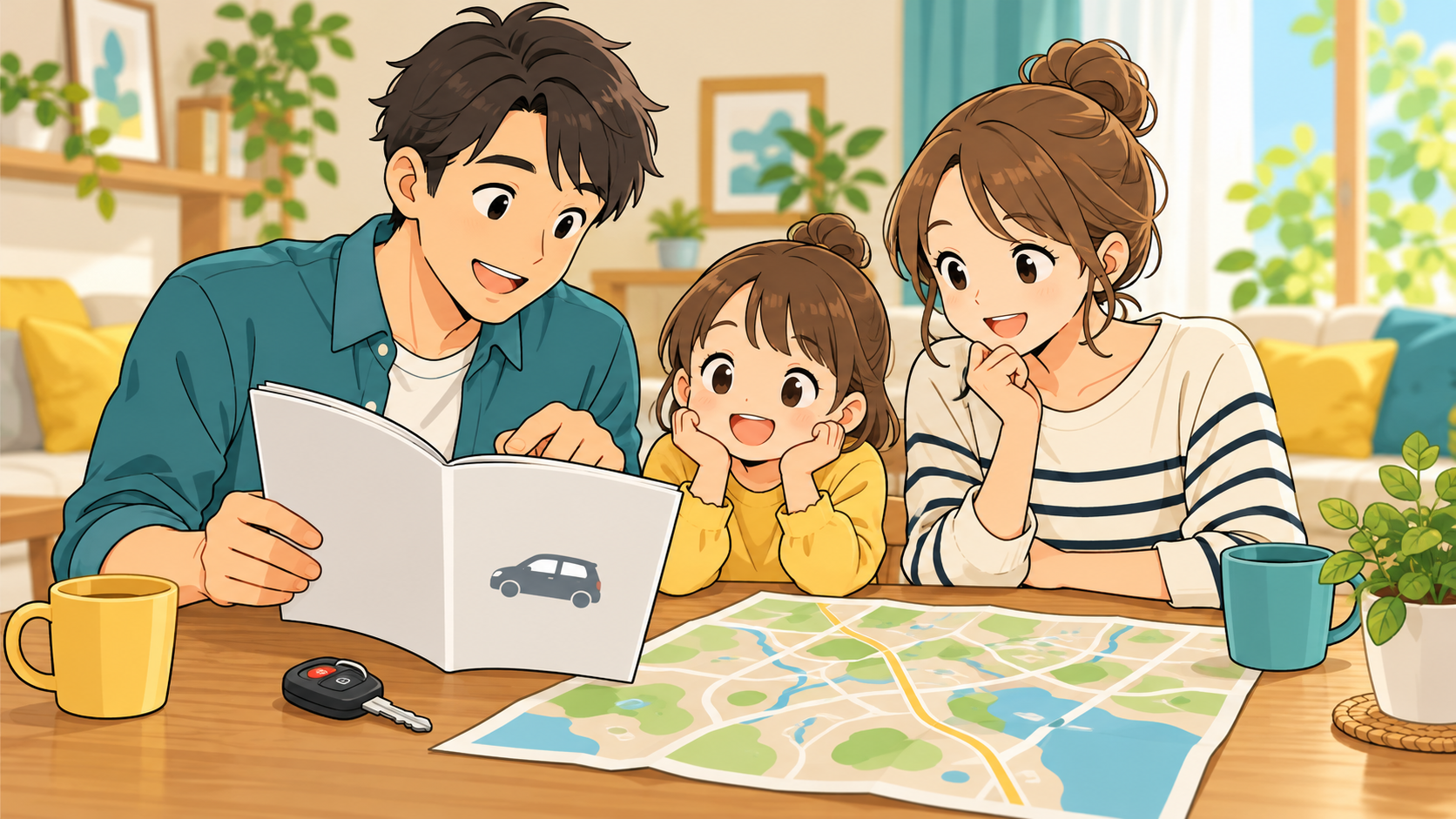 家族で車の操作と外出先の避難計画を確認する様子