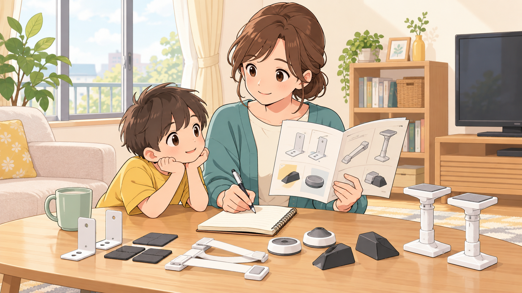 親子が窓・棚・テレビの対策器具を選ぶ前に説明書と確認事項を整理する様子
