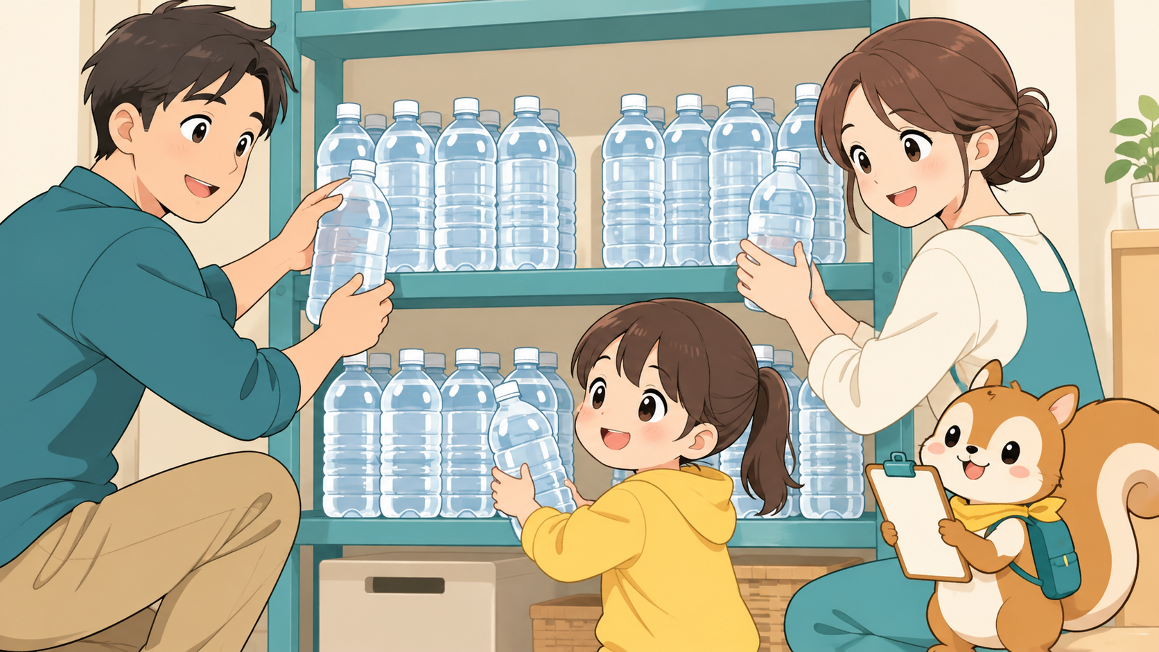 家族で備蓄用の飲料水を棚に分けて保管し、しおりすと確認する様子