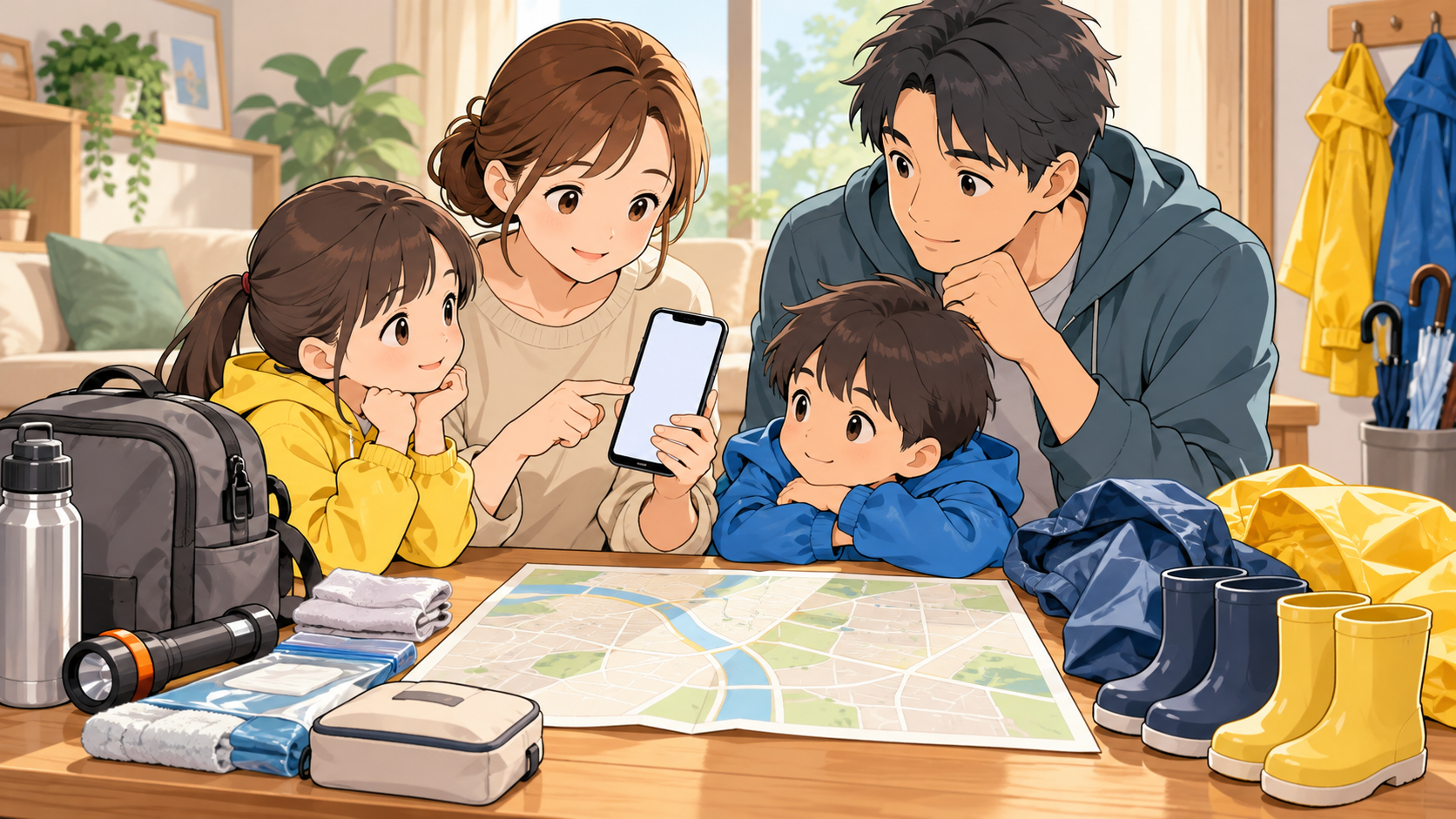 子ども連れの家族が、自治体の避難情報と避難先、持ち出し準備を確認する様子