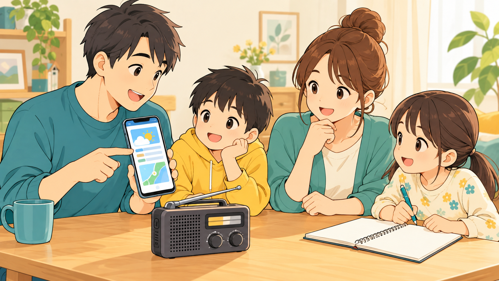 家族がスマートフォンとラジオを使い、防災情報の確認方法を話し合う様子