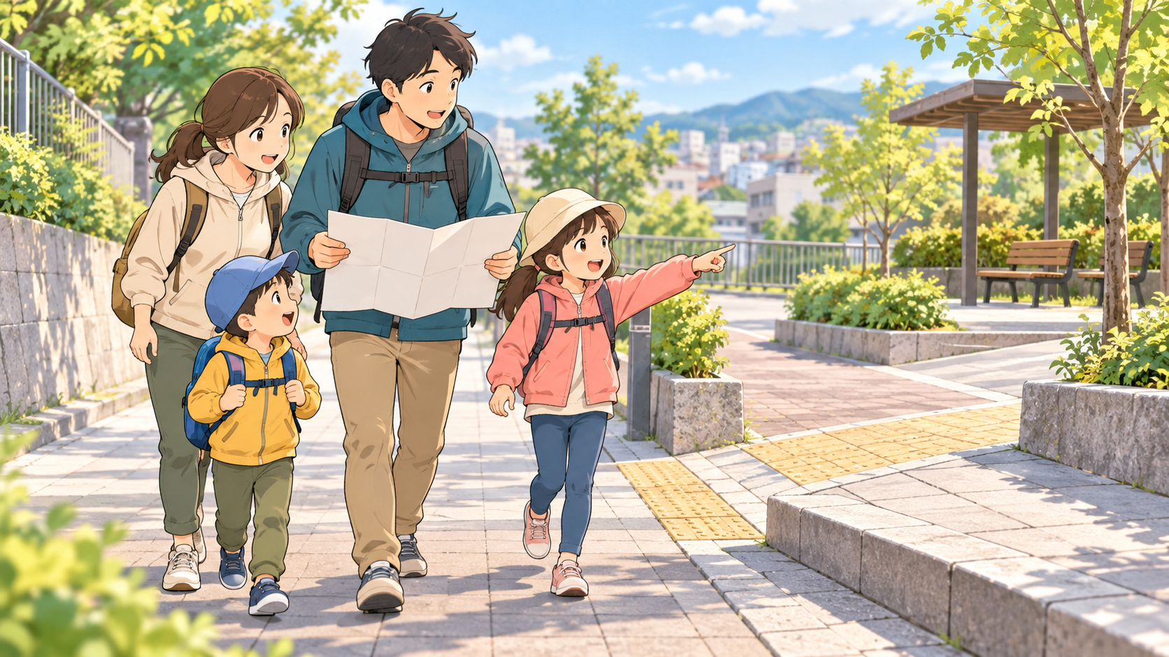 親子が晴天の日中に避難経路を歩き、分岐や段差を確認する様子
