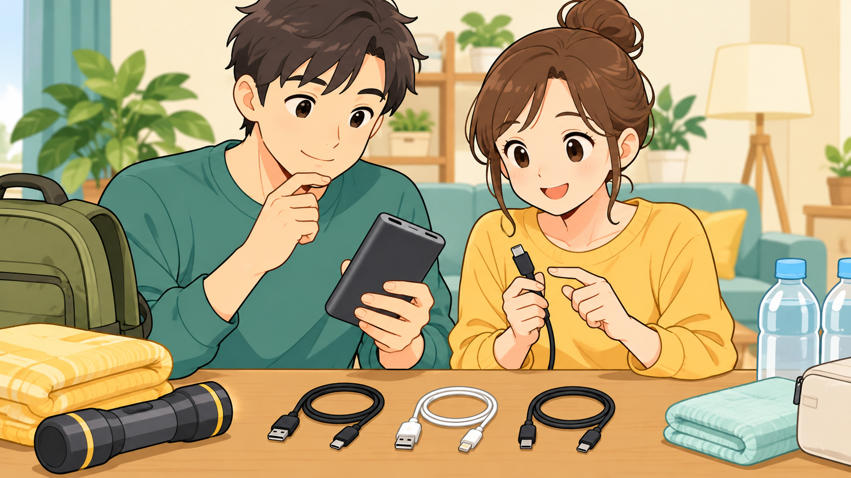 家族でモバイルバッテリーとケーブルを確認する様子