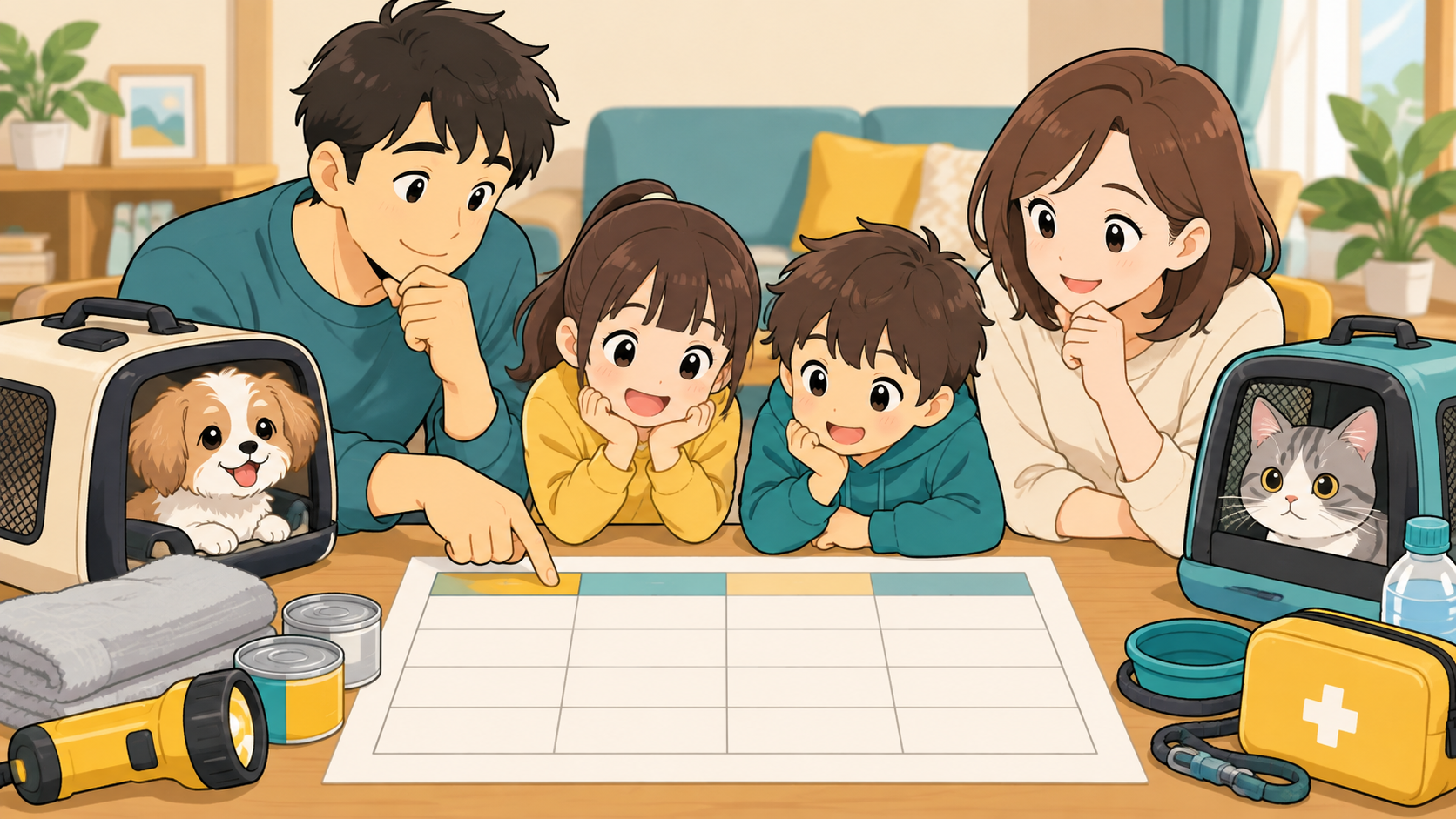 家族でペットの避難先候補を確認する様子