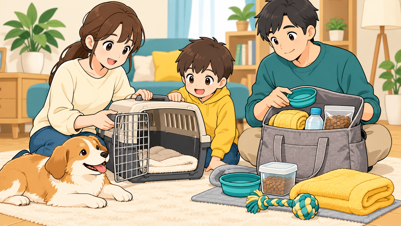 家族でペットのキャリーと用品を確認する様子