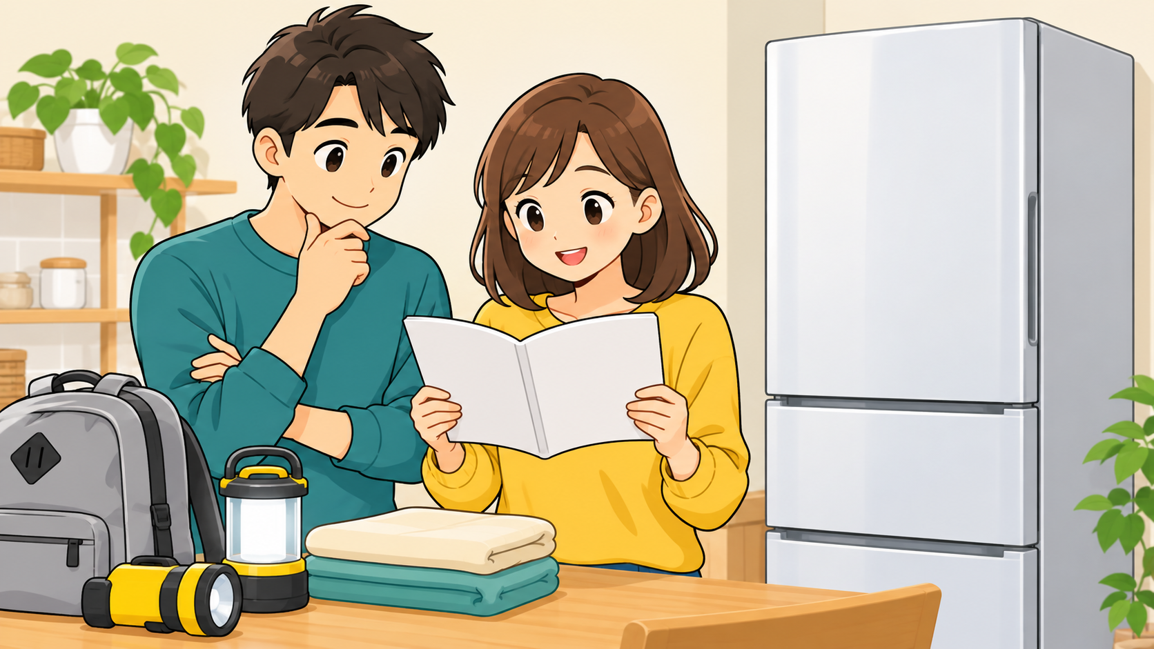 家族で冷蔵庫の説明書と連絡先を確認する様子