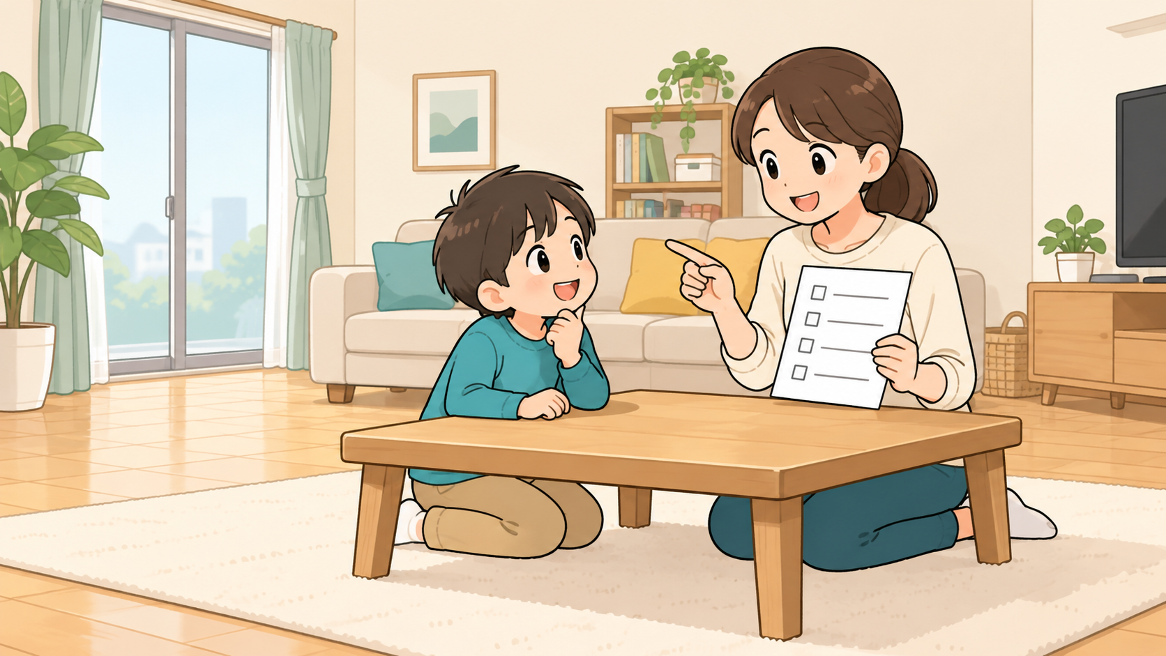 家族で竜巻や突風時に身を守る場所を話し合う様子