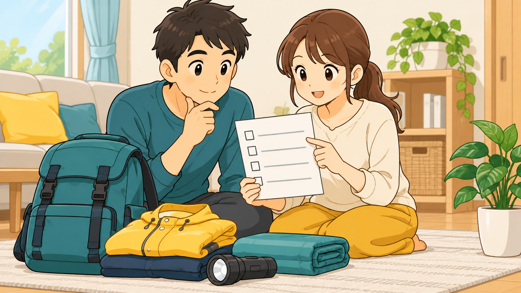 家族で風雨前にしまう物を確認する様子