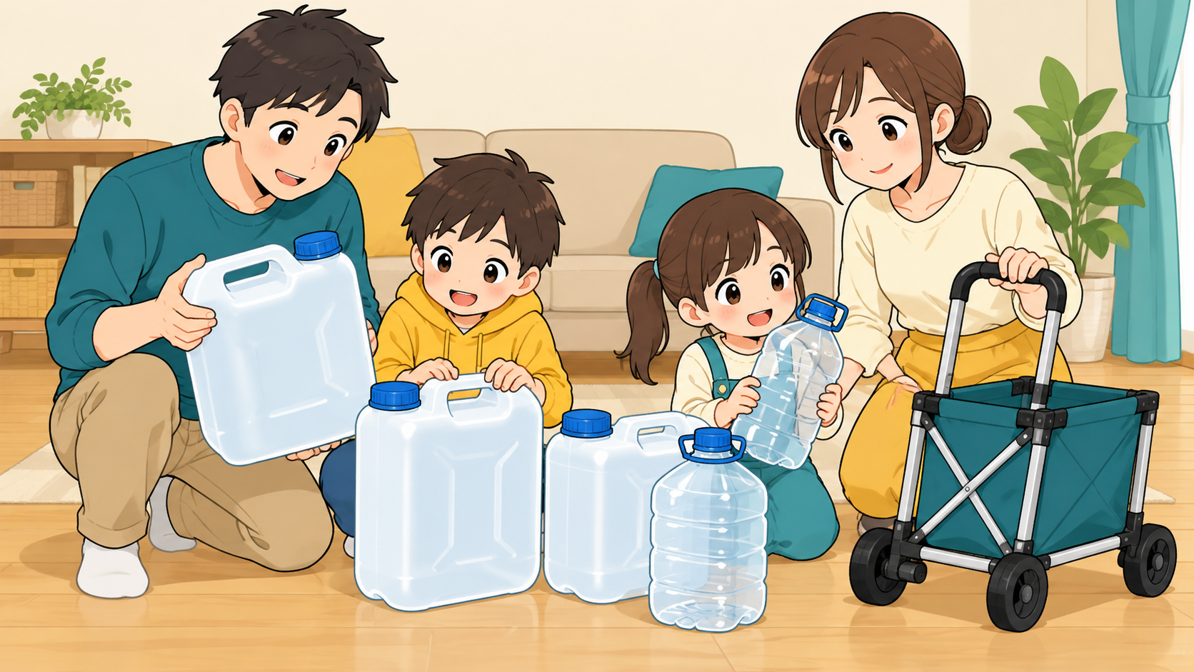 家族で給水容器と運搬用品を確認する様子
