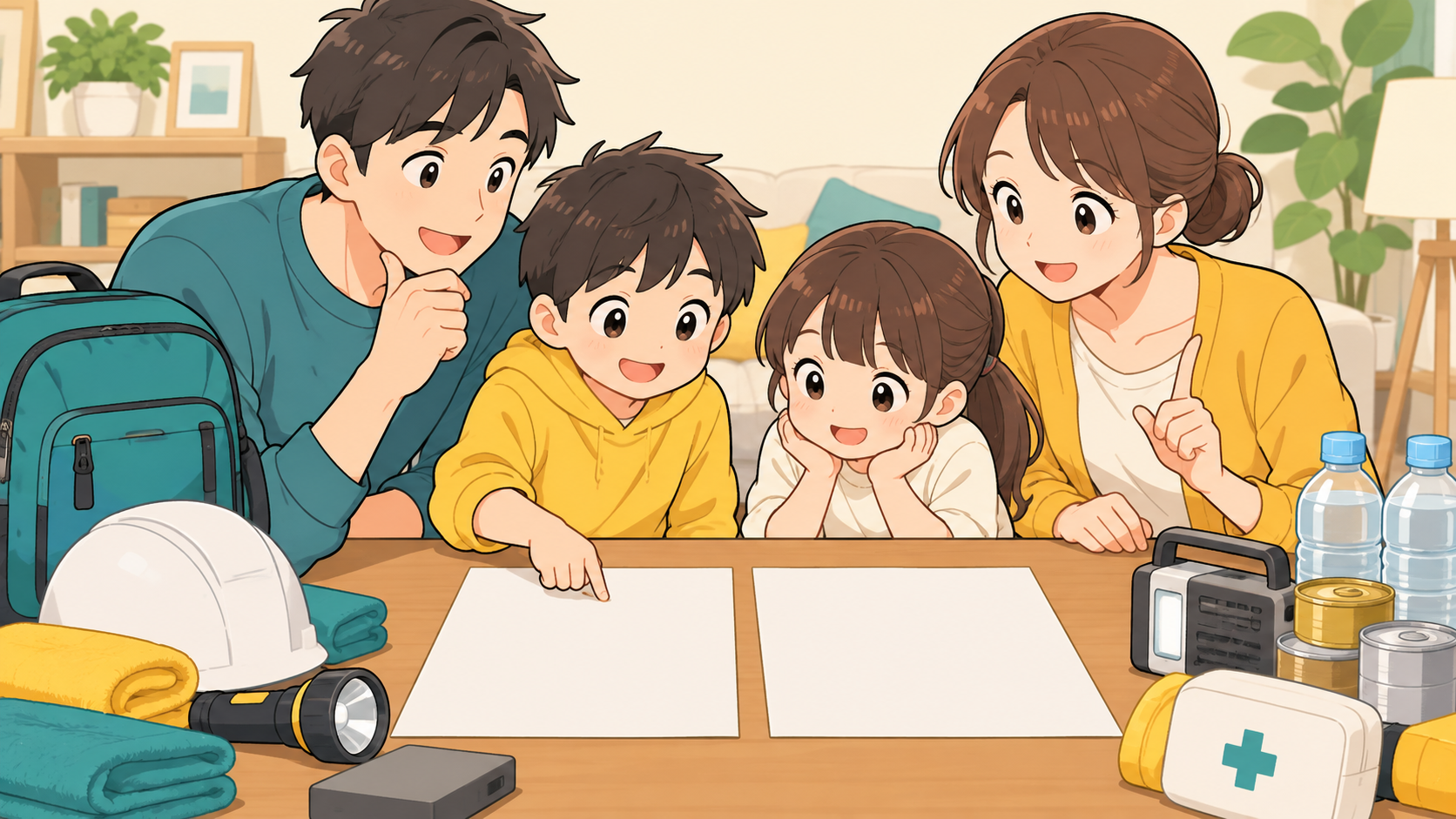 家族で避難計画の変更点を確認する様子