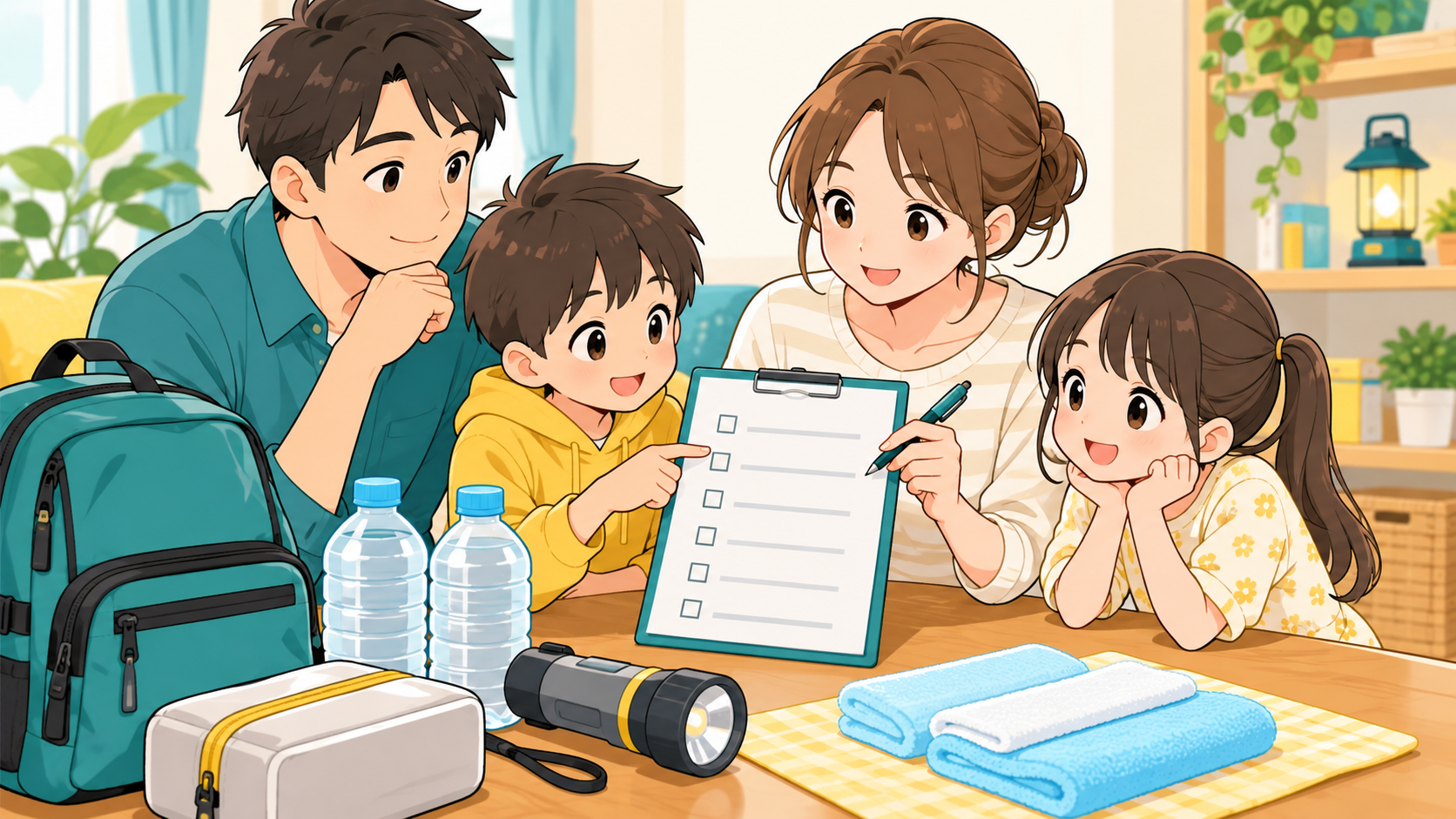 家族で冷却用品と緊急連絡の準備を確認する様子