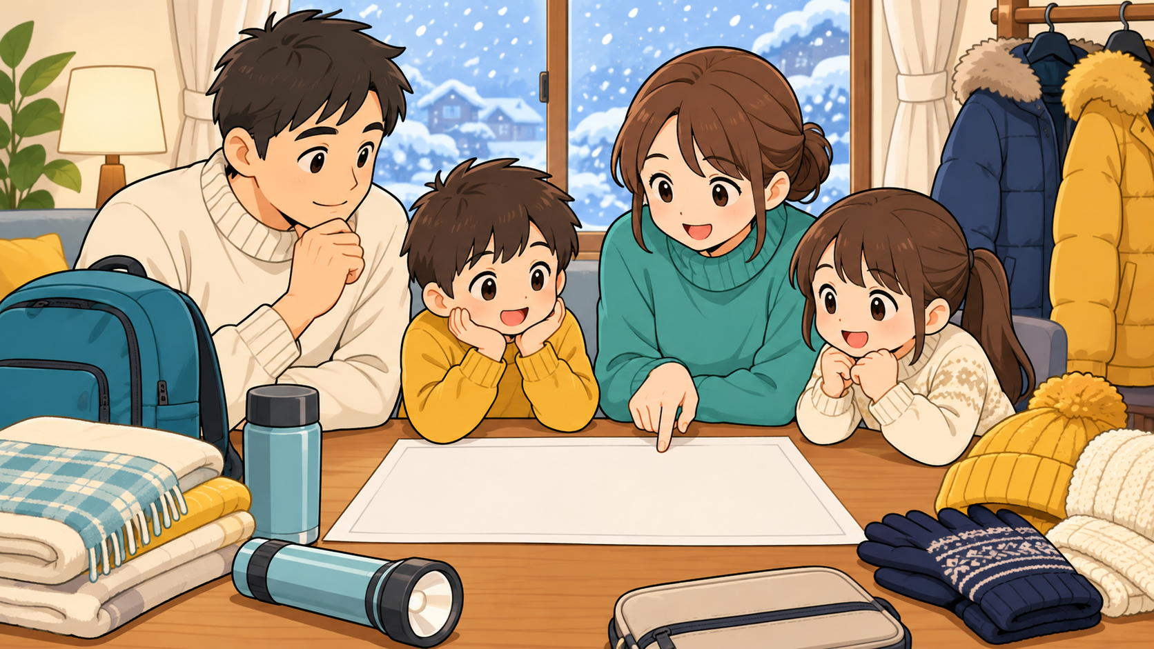 家族で雪の日の予定変更と連絡を相談する様子