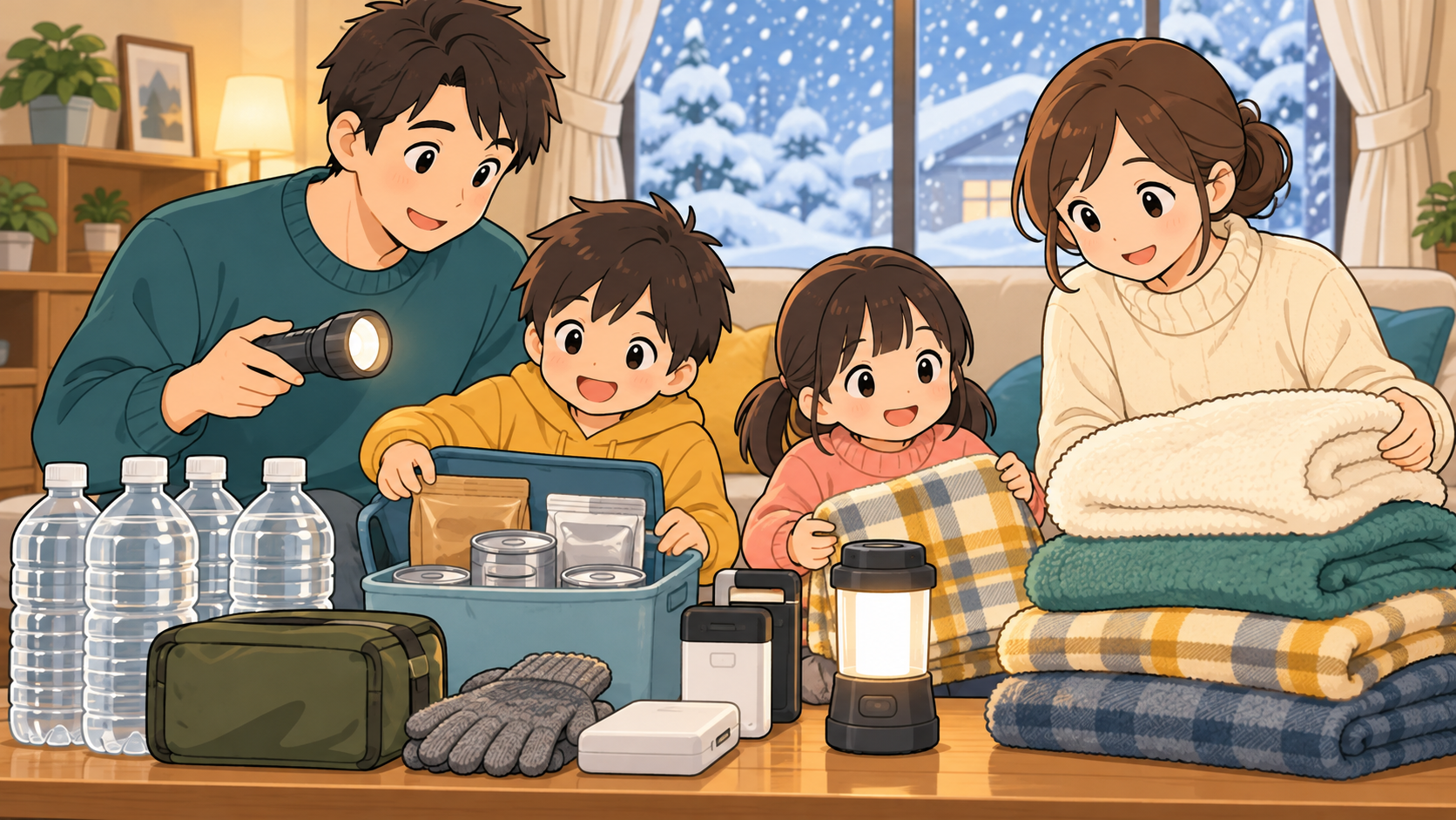 家族で冬の生活用品を点検する様子