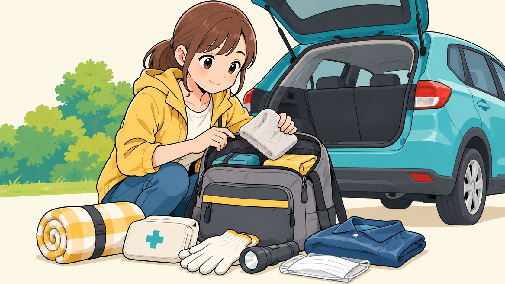 車の防災用品を点検する人