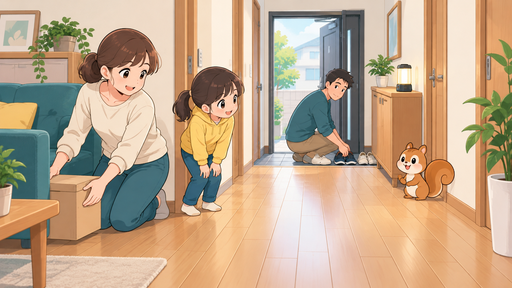 家族が玄関までの廊下から荷物を移し、通り道を確認する様子