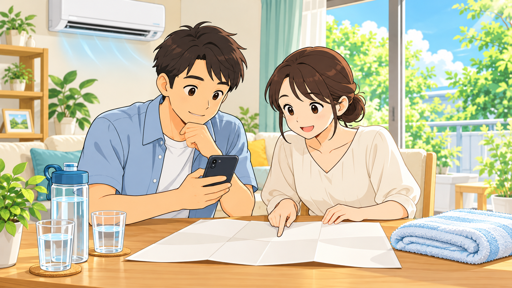 家族で暑い日の涼しい行き先と連絡方法を確認する様子
