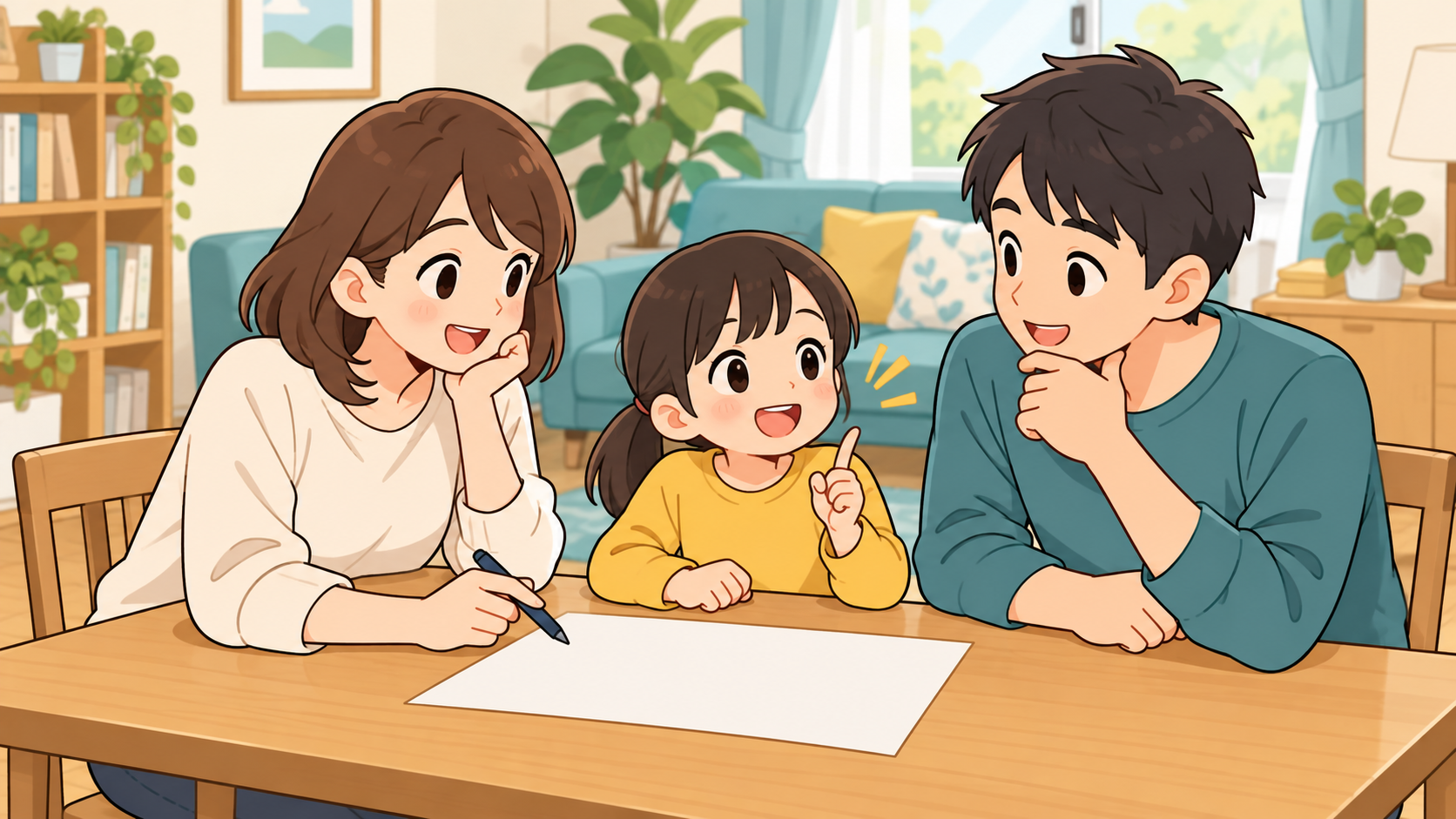 家族で地震の訓練を振り返り改善点を確認する様子