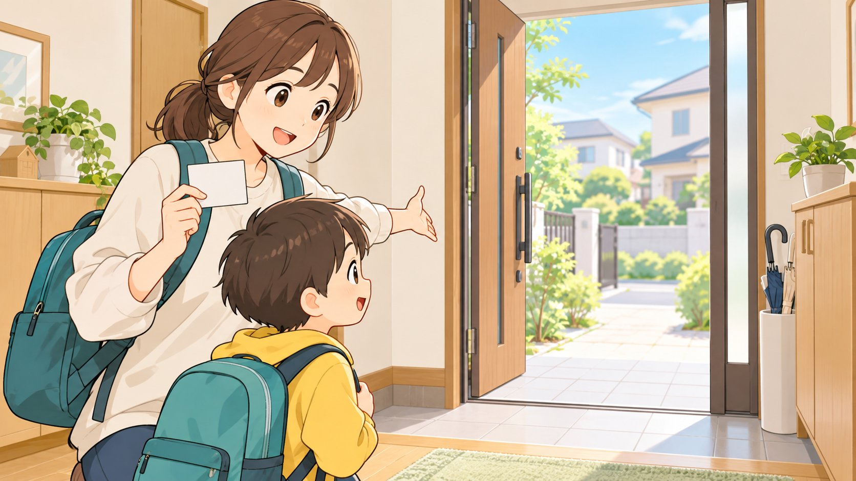 親子が家の出口と通報に必要な情報を平時に確認する様子