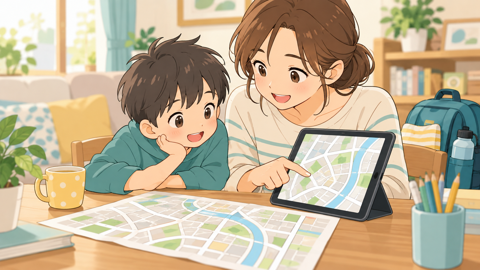 親子が地図とタブレットで自宅地域の情報を確認する練習をする様子