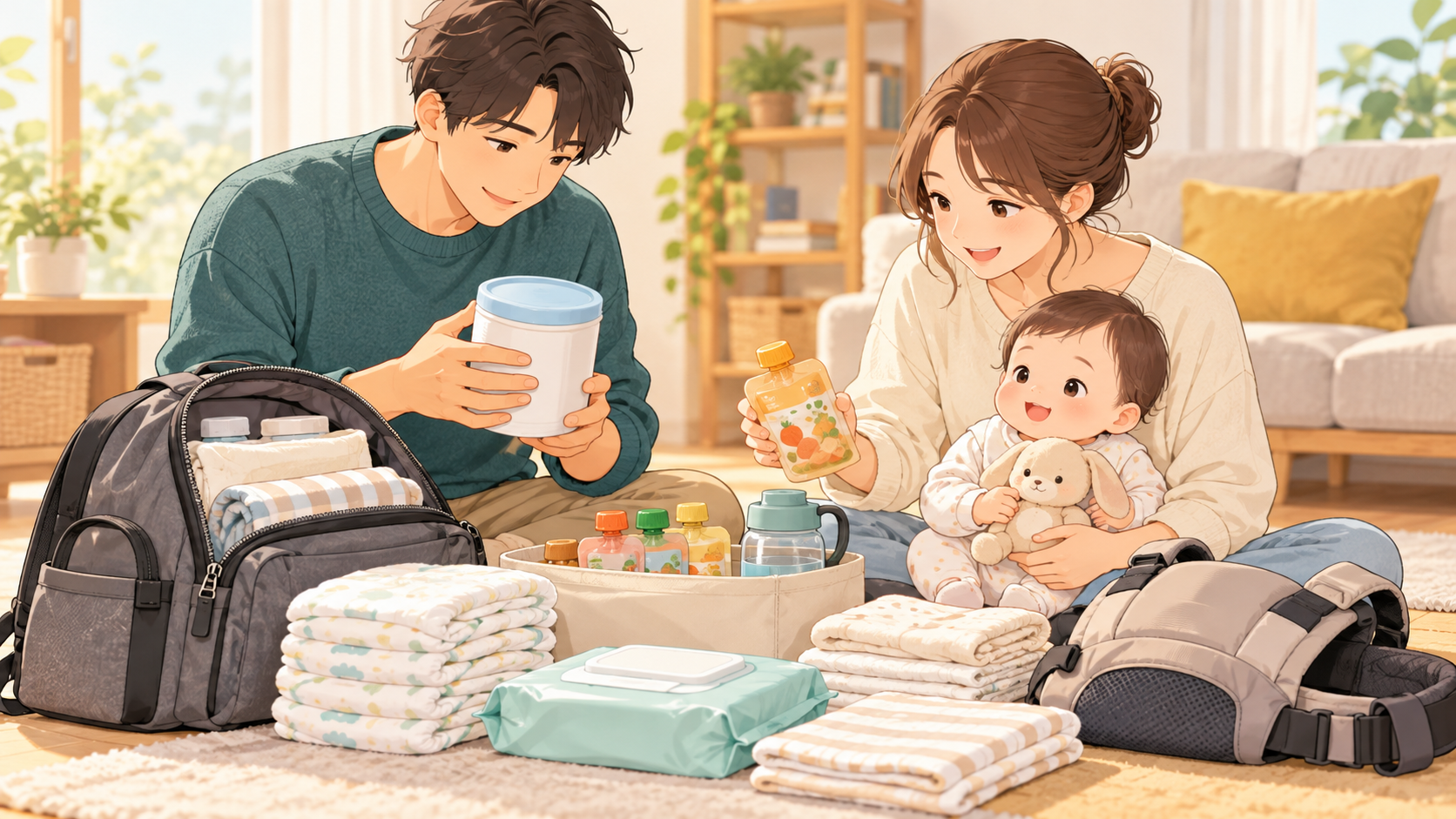 乳幼児のいる家族がミルク、離乳食、おむつ、抱っこひもを確認する様子