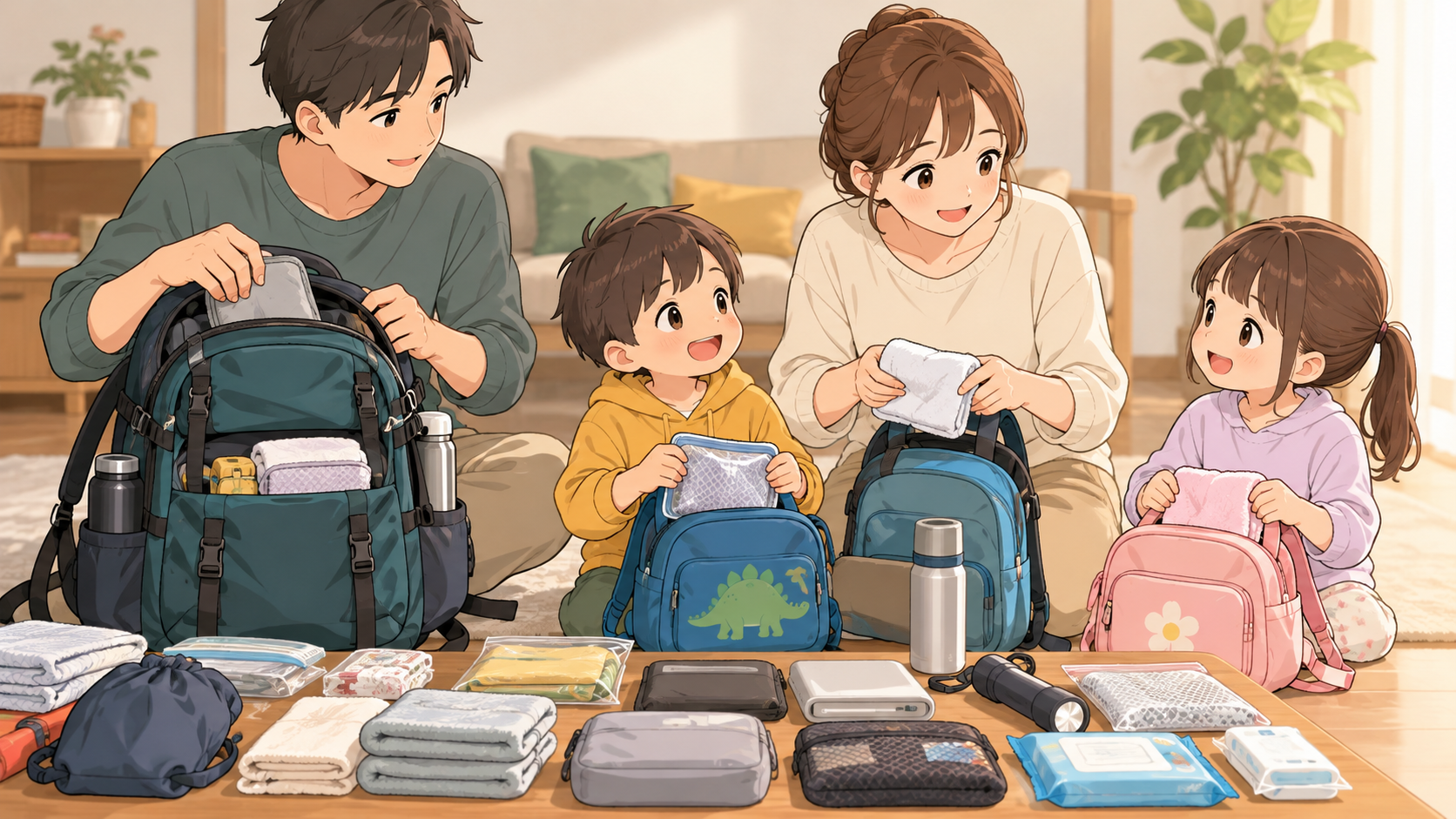 年齢の異なる子どもと保護者が、持ち出し品とバッグの分担を話し合う様子