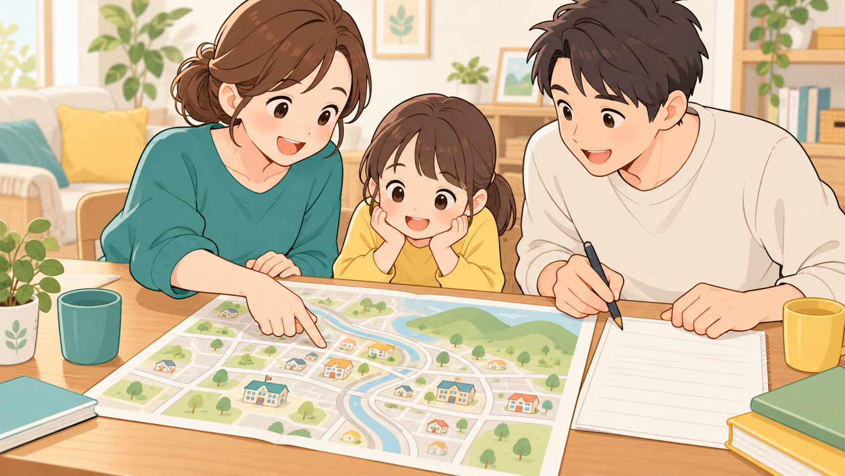 家族が平時に地図とメモで土砂災害の避難先と経路を確認する様子