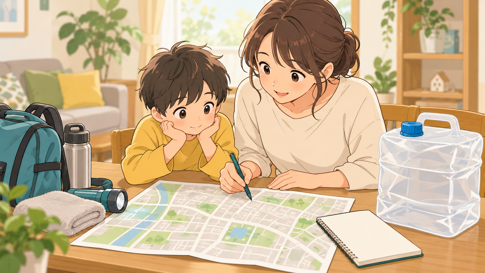 親子が地図と給水容器を並べ、給水拠点の確認先を調べる様子