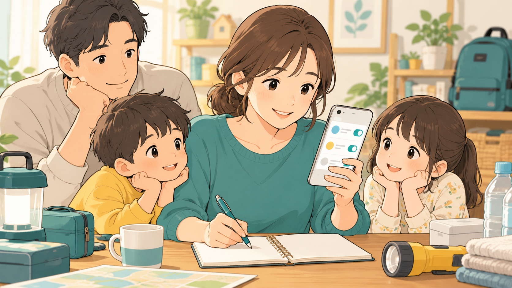 家族がスマートフォンの通知設定を確認し、ノートに記録する様子