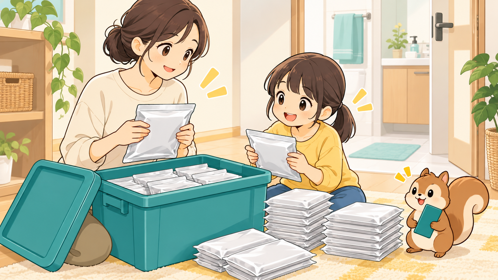 家族が携帯トイレの備蓄数と保管場所を一緒に確認しているイラスト