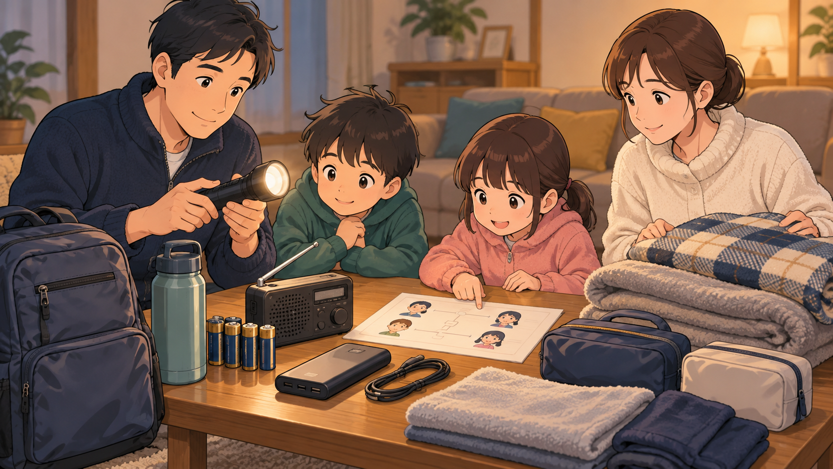 家族が懐中電灯と連絡手段をまとめ、停電への備えを点検する様子
