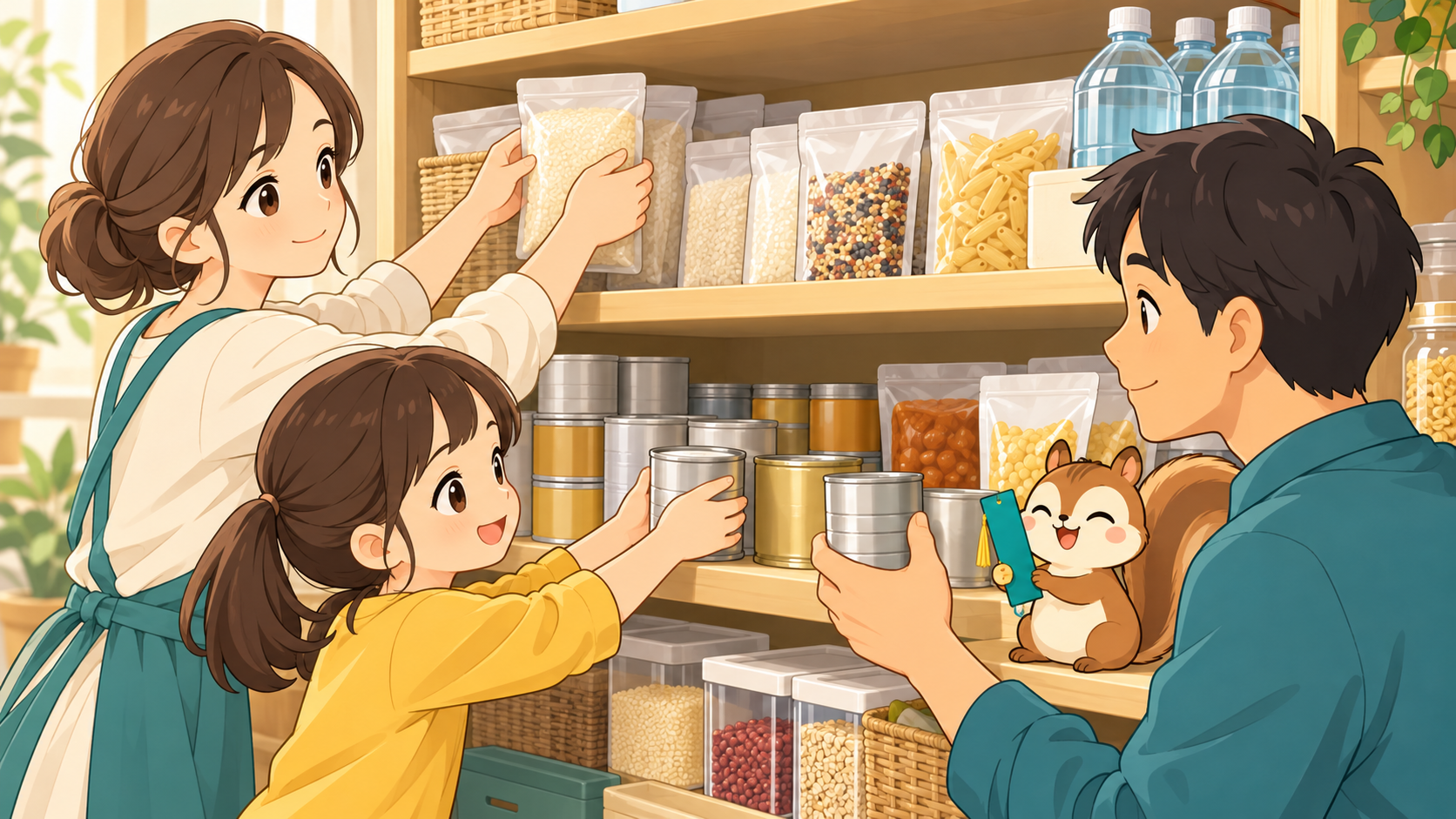 家族が食べた備蓄食品を補充し、棚の食品を入れ替える様子