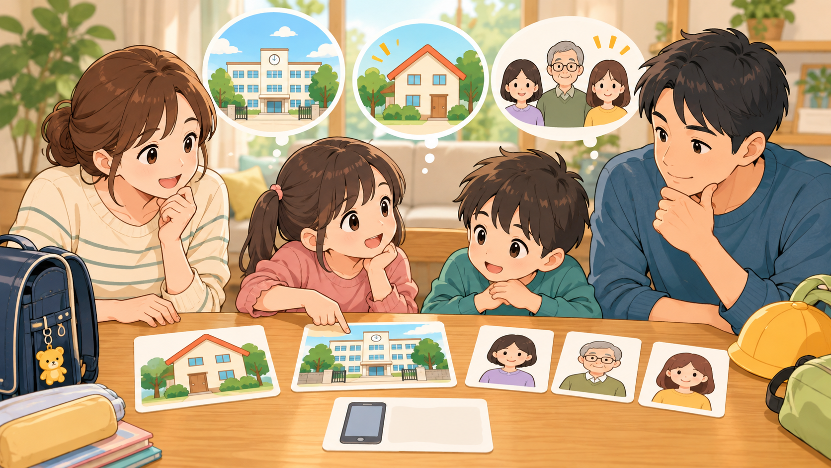 学校や園で災害が起きた場合の連絡方法と引取人を話し合う家族