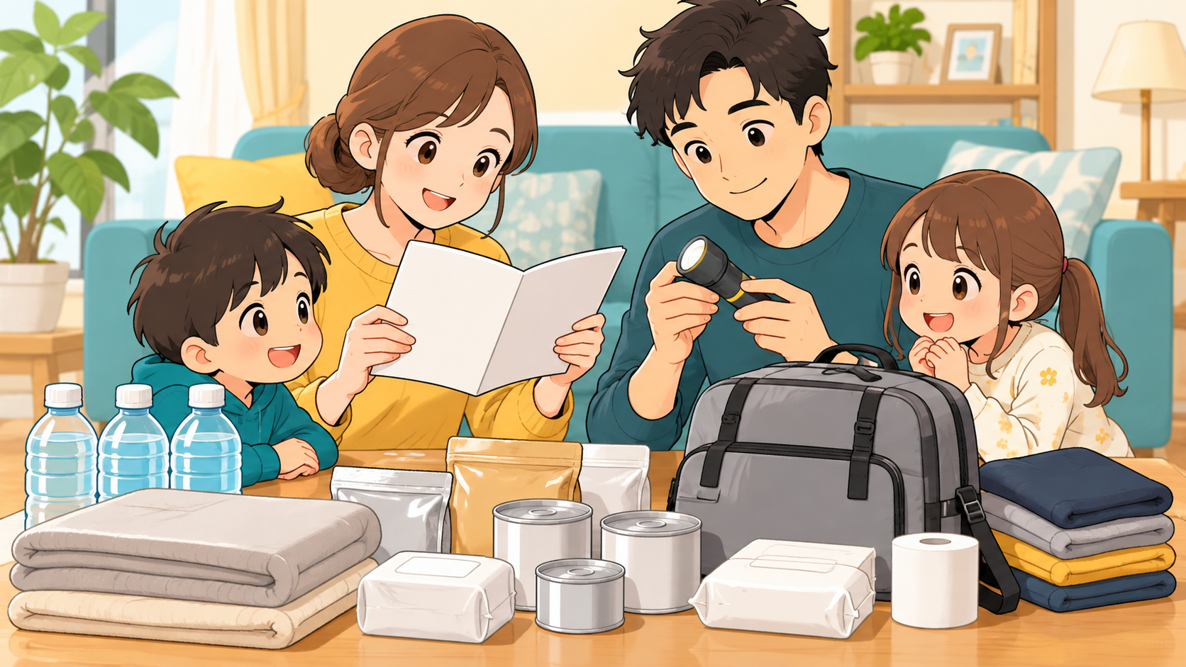 家族で用品の使い方と保管条件を確認する様子