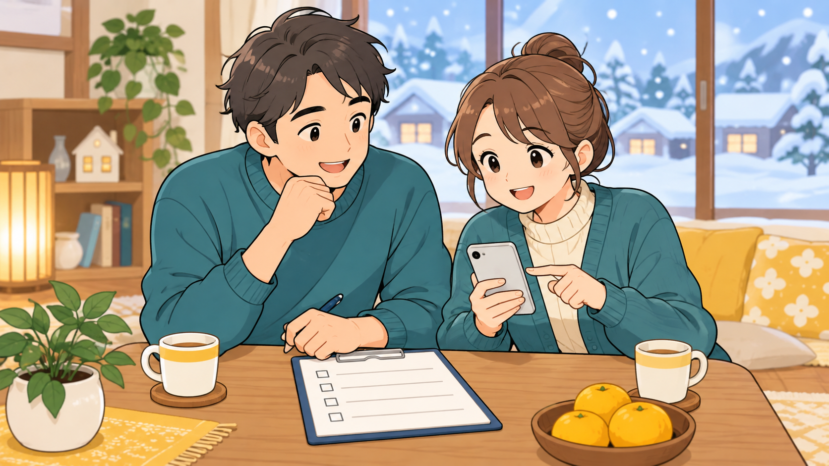 家族で雪処理の相談先と準備を確認する様子