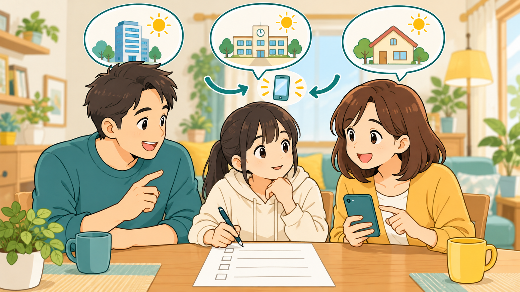 家族で帰れない場合の連絡と待機の計画を確認する様子